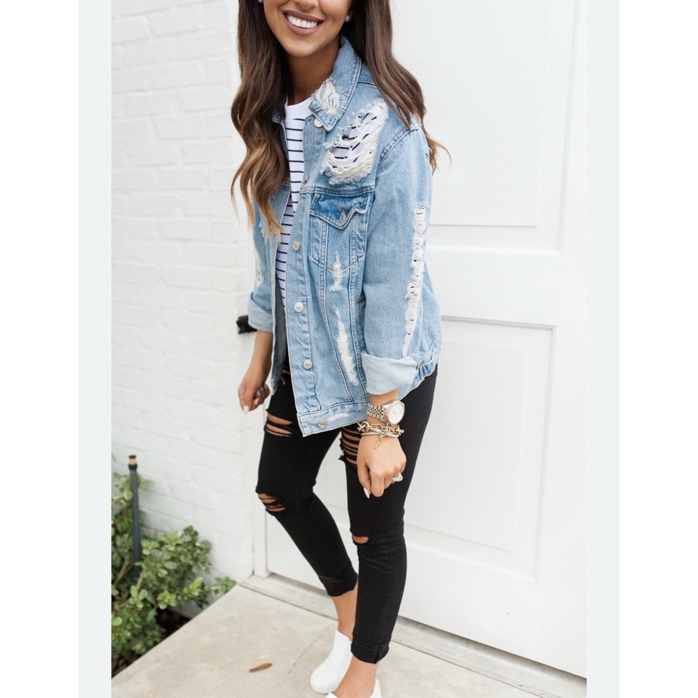 Topshop Moto Denim Jacket 6 M Women Ripped Distressed Trucker Factory Thrashed